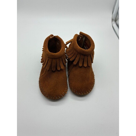 Minnetonka Kids Brown Suede Leather Moccasin Booties Fringe Size 2 - Picture 1 of 5
